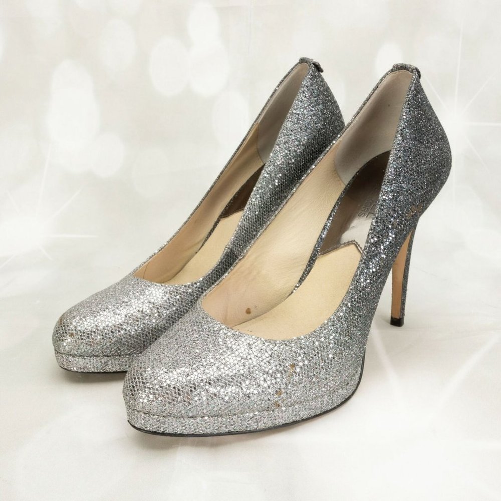 Michael Kors Designer Slip-On Silver/Charcoal Ombre Glitter Pumps Heels